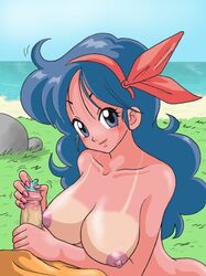 beige_skin blue_hair breasts color condom day dragon_ball erection female good_launch hair human launch long_hair male master_roshi nipples nude open_eyes outdoors penis pink_skin round_ears sky straight sunburn tagme zyvaman