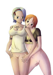 2girls bottomless erect_nipples female female_only human jinpl multiple_females multiple_girls nami no_panties nojiko nopan one_piece pre-timeskip pussy siblings sisters spread_legs tattoo yuri