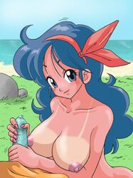 beige_skin blue_hair breasts color condom day dragon_ball erection female good_launch hair human launch long_hair looking_at_viewer male master_roshi nipples nude open_eyes outdoors penis pink_skin round_ears sky straight sunburn tagme zyvaman