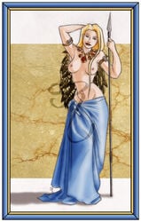 blonde_hair blue_eyes freya_(norse_mythology) jewelry long_hair mythology norse_mythology public_domain spear