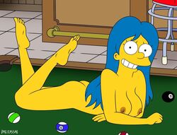 ass blue_hair breasts cartoon_avenger color ears exposed_breasts eyes female female_only hair hair_down human indoors long_hair looking_at_viewer marge_simpson moe's_tavern mouth nipples nudity on_front open_eyes pat_kassab pool_ball pool_table round_ears skin smile solo stool straight_hair tavern the_simpsons yellow_skin