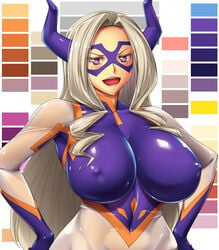 1girls abs alternate_breast_size ameoto armpits big_breasts blush bodysuit breasts cleavage color_swatch covered_navel covered_nipples domino_mask eye_contact half-closed_eyes hand_on_hip horns huge_breasts impossible_clothes long_hair looking_at_viewer mask mount_lady my_hero_academia nipple_bulge open_mouth purple_eyes see-through silver_hair skin_tight smile yuu_takeyama