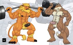 anthro barbell bleach completely_nude_male crossover digimon dumbbell furry leomon male male_only multiple_males no_humans sajin_komamura weightlifting working_out yaoi