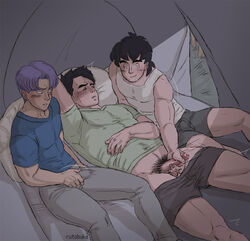 3boys black_hair clothes color dragon_ball dragon_ball_z erection_under_clothes hair handjob incest indoors lying male male_only motion_lines multiple_males on_back penis purple_hair rutobuka sleep_molestation sleeping son_gohan son_goten tent trunks_briefs underwear_down watching yaoi