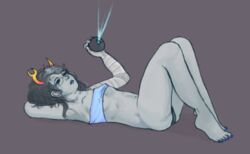 1girls 8_ball barefoot black_hair bored breasts clothing grey_background grey_skin homestuck horns long_hair lowres ms_paint_adventures nail_polish nipples_visible_through_clothing panties robotic_arm small_breasts solo toes troll vriska_serket yellow_eyes