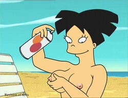 amy_wong black_hair breasts day female female_only futurama helix holding_object human matt_groening_(style) nipples outdoors short_hair smile solo spray-on_bikini tagme tan_skin toony