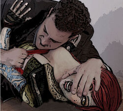 1boy 1boy1girl 1girls borderlands hand_on_face lilith_(borderlands) pulling_down_shirt rape rogue_evo