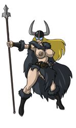 areolae blonde_hair blue_eyes breasts exposed_breasts exposed_pussy glowing_eyes heels long_hair lordstevie mythology norse_mythology valkyrie viking_helmet weapon