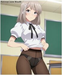 1girls ai_generated black_panties bluu_ai cue! grey_hair mutsuishi_haruna panties pantyhose shirt_and_panties solo
