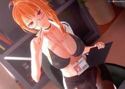 big_breasts bra breasts breasts choker cleavage gills glasses lace lanyard large_breasts lingerie looking_at_viewer mako_fukasame mature_female mole mole_on_breast mole_under_eye nails nipples_visible_through_clothing notepad office_chair office_lady open_shirt orange_hair pen red_eyes red_hair red_hair see-through see-through_clothing shark_girl sharp_teeth side_ponytail skirt smile tight_clothing tight_skirt vershion virtual_youtuber vtuber white_shirt
