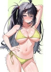 arm_behind_head armpits azur_lane bikini closed_mouth embarrassed fang full-face_blush hand_on_hip huge_breasts looking_at_viewer nail_polish scared shy side-tie_bikini sweat sweaty trembling z11_(azur_lane)