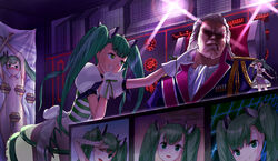 1boy1girl annoyed_expression censored colonel_longhena dakimakura desk detailed_background dodonpachi dodonpachi_saidaioujou donpachi figurine green_hair hibachi_(dodonpachi) long_hair poking purple_eyes shadowed_face smiling_at_another tottema