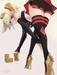 1girls absurdres arm_warmers artist_name ass bare_shoulders bent_over blonde_hair breasts burnice_white female from_behind grin hair_ornament high_heels highres large_breasts leaning leaning_forward long_hair looking_at_viewer miniskirt orange_eyes short_shorts shorts shorts_under_skirt sideboob skirt smile solo thighhighs tsukigix twintails zenless_zone_zero