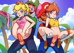 2boys 2girls arms_around_neck balls blonde_hair blue_eyes blue_overalls bottomless bottomless_female brown_hair carrying_another clothing clouds crown ear_piercing earrings erection eyelashes female full_nelson genitals gloves green_hat green_shirt hat human human_female human_male human_on_human human_on_humanoid humanoid humanoid_male interspecies legs_apart legs_up light-skinned_female light-skinned_male light_skin luigi makguff male male/female mammal mario mario_(series) mature mature_female mature_male nintendo no_pants orange_shoes outdoors overalls penis penis_in_pussy pink_shirt pink_shoes pink_shorts ponytail princess princess_daisy princess_peach red_hat red_shirt royalty sex shoes shorts shorts_around_one_leg socks straight straight_sex testicles trees vaginal_penetration vaginal_sex white_gloves white_socks