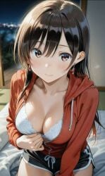 1girls ai_generated bra breasts kanojo_okarishimasu light_smile mizuhara_chizuru sitting underwear undressing