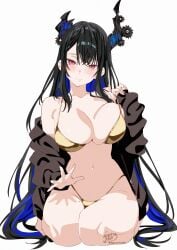 absurdres alternate_costume asymmetrical_horns barefoot bikini black_hair black_jacket blue_hair breasts cleavage closed_mouth colored_inner_hair crossed_bangs female flower full_body gold_bikini golden_week hair_between_eyes halterneck head_tilt highleg highleg_bikini highres hololive hololive_english horn_flower horns jacket kamiya_maneki lap_pillow_invitation large_breasts long_hair looking_at_viewer mole mole_on_thigh mole_under_eye multicolored_hair navel nerissa_ravencroft off_shoulder open_clothes open_jacket red_eyes seiza sidelocks simple_background sitting slit_pupils smile solo straight-on straight_hair strap_lift string_bikini swimsuit uneven_horns very_long_hair virtual_youtuber white_background