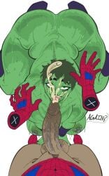 albino-racc black_hair bottomless bottomless_male breasts cum cum_in_mouth cum_on_face green_eyes green_skin huge_cock jennifer_walters large_penis marvel_comics muscles muscular muscular_female naked naked_female nipple_piercing nipples nude nude_female penis peter_parker piercing she-hulk short_hair spider-man