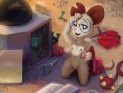 absurd_res anthro bodily_fluids breasts clothing eyewear eyewear_only female fur glasses hi_res kneeling lennoxicon looking_at_viewer mammal mina_(mina_the_hollower) mina_the_hollower mouse murid murine narrowed_eyes navel nipples notched_ear nude outside rodent small_breasts smile solo sweat undressing vulva wearing_glasses white_body white_fur yacht_club_games