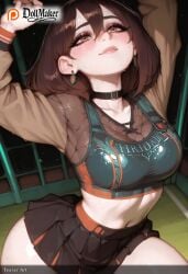 ai_generated arm_up black_skirt blush breasts brown_hair choker dollmaker dollmaker_(artist) earrings female jewelry large_breasts long_sleeves looking_at_viewer navel patreon_username short_hair skirt smile solo sweat tagme