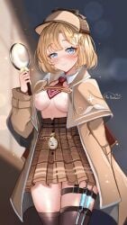 aki_hoshino black_thighhighs blonde_hair blue_eyes blurry blurry_background blush bob_cut breasts brown_coat brown_hat brown_skirt closed_mouth coat commentary cowboy_shot deerstalker detached_collar english_commentary female hair_ornament hand_in_pocket hand_up hat high-waist_skirt highres holding holding_magnifying_glass hololive hololive_english looking_at_viewer magnifying_glass medium_breasts miniskirt necktie nipples no_bra no_shirt open_clothes open_coat plaid_clothes plaid_skirt pleated_skirt pocket_watch red_necktie short_hair short_necktie skirt smile solo standing syringe_holster thigh_strap thighhighs virtual_youtuber watch watson_amelia watson_amelia_(1st_costume)