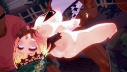 black_cock blonde_hair climax genshin_impact glasses koikatsu orgy orgy_sex public public_nudity public_sex pussy taller_girl whore_eyes