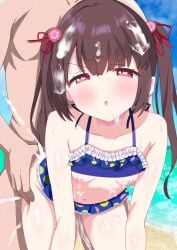 1boy absurdres bikini blush breasts brown_hair bukkake collarbone commission cum cum_in_pussy cum_on_body cum_on_hair day doggy_style facial female hair_ornament hair_ribbon heart heart-shaped_pupils highres hiiragisensei long_hair looking_at_viewer navel nipples ocean ongeki ribbon sex shinonome_tsumugi skeb_commission small_breasts solo_focus straight swimsuit symbol-shaped_pupils twintails vaginal_penetration