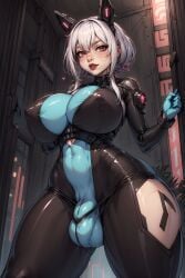 ai_generated big_breasts bodysuit bulge cat_ears futanari futanari huge_breasts kokoroaiart latex skintight thick_thighs wide_hips