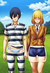 1boy 1boy1girl 1girls ai_generated blonde_hair blue_hair blush boxers_(clothing) cloud couple day daytime fujino_kiyoshi grass hand_holding holding_hands midorikawa_hana nature_background panties prison_school prison_uniform school_uniform sky trees underwear x-ray x-ray_view