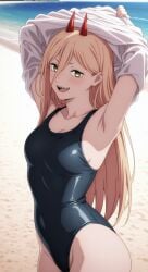 1girls ai_generated black_one-piece_swimsuit chainsaw_man horns one-piece_swimsuit power_(chainsaw_man) solo swimsuit