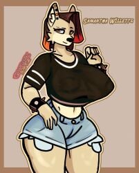 anthro big_ass big_breasts clothing digital_media_(artwork) female furry gorgutzartz hi_res highres no_tail oc orange_eyes original_character samantha_willetts_(gorgutzartz) short_hair simple_background simple_shading spiked_bracelet thick_thighs voluptuous_female wolf
