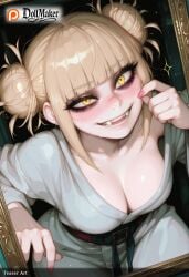 ai_generated bangs blonde_hair blunt_bangs blush breasts cleavage dollmaker dollmaker_(artist) double_bun eyebrows_visible_through_hair fangs female hair_bun long_sleeves looking_at_viewer medium_breasts messy_hair nail_polish patreon_username red_nails smile solo tagme teeth toga_himiko watermark yellow_eyes