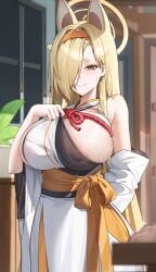 1girls absurdres animal_ears bare_shoulders big_breasts blonde_hair blue_archive blurry blurry_background breasts clothes_pull commentary cowboy_shot detached_sleeves extra_ears female fox_ears hair_over_one_eye hairband halo headband highres japanese_clothes kaho_(blue_archive) kimono large_breasts long_hair mole mole_under_mouth orange_hairband orange_headband plant samart sideboob sideless_kimono sleeveless sleeveless_kimono smile solo sweat thick_eyebrows white_kimono yellow_eyes yellow_hairband yellow_halo