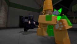 ambiguous_gender angry angry_expression anthro bucket catte_(kaiju_paradise) female furry kaiju_paradise panther_(kaiju_paradise) ravenuwu roblox running self_upload slime_pup_(kaiju_paradise) terrified terrified_expression