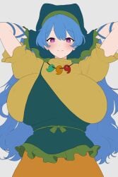 apron arms_behind_head blue_hair blush breasts dress female gigantic_breasts green_apron green_headscarf hand_behind_head headscarf huge_breasts jewelry keiki_haniyasushin long_hair looking_at_viewer magatama moriforest1040 purple_eyes single_strap skindentation smile touhou wip yellow_dress
