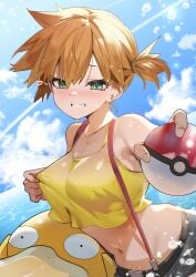 absurdres bare_shoulders blue_eyes blue_sky blush breasts commentary crop_top female grey_shorts grin highres kasumi_(pokemon) kasumi_(pokemon) large_breasts looking_at_viewer medium_hair midriff navel orange_hair outstretched_arm poke_ball poke_ball_(basic) pokemon pokemon_(anime) pokemon_(classic_anime) pokemon_(creature) psyduck redrawn short_shorts shorts side_ponytail sky smile suspender_shorts suspenders tank_top teddypocky wet wet_clothes yellow_tank_top