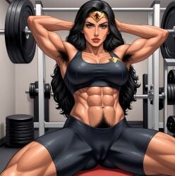 abs ai_generated armpit_hair athletic_female booty_shorts bush dc_comics deergirlfit female_pubic_hair full_bush gym gym_clothes gym_shorts hairy_armpits muscular_female outdoors pubic_tattoo running sports_bra strong_female toned_body toned_female toned_stomach weightlifting wonder_woman
