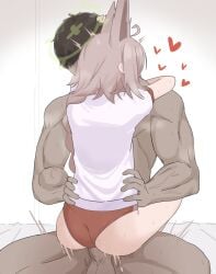 1boy absurdres alternate_costume animal_ears arms_around_neck blue_archive brown_hair buruma dark-skinned_male dark_skin female fox_ears fox_girl green_halo gym_uniform halo hands_on_another's_hips highres long_braid long_hair makura_u9b otogi_(blue_archive) red_buruma sensei_(blue_archive) sex simple_background
