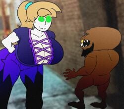 emerald_(lapiziold) emerald_eyes goblin kawaii large_breasts pawg pawg_build purple_clothing santiago