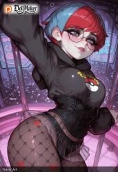 ai_generated blush breasts dollmaker dollmaker_(artist) female fishnet_legwear fishnets freckles glasses grey_eyes hood hood_down hoodie indoors long_sleeves looking_at_viewer multicolored_hair pantyhose patreon_logo patreon_username red_hair skirt solo streaked_hair tagme two-tone_hair watermark web_address window