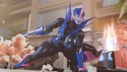arcee arcee_(prime) battle_damage blue_eyes explosion exposed_breasts functionally_nude functionally_nude_female giantess grandmastersurgeon human_male robot robot_girl robot_humanoid size_difference solo_male transformers transformers_prime