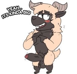 absurd_res anthro balls bennet_(bennetdasheep) big_balls big_penis bodily_fluids bovid caprine dialogue embarrassed erection fur genitals hi_res horn humanoid_genitalia humanoid_penis janjauwu male mammal penis presenting presenting_balls presenting_penis pubes sheep solo sweat tail white_body white_fur