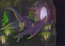 absurd_res anus arcticos ass candle cave cave_background clothing crown dragon female feral fur furred_dragon furred_scalie green_hair green_tail grey_body hair headgear hi_res horn jewelry legwear mythological_creature mythological_scalie mythology orange_pussy presenting presenting_hindquarters pussy scalie solo tail taula vulva wings wings_folded yellow_eyes