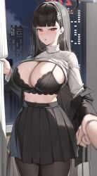 absurdres black_bra black_hair black_pantyhose black_skirt blue_archive blunt_bangs blush bra breasts building clothes_pull female hair_ornament hairclip halo highres holding_another's_wrist huge_breasts jacket jacket_partially_removed long_hair long_skirt long_sleeves looking_at_viewer pantyhose parted_lips pleated_skirt pov pov_hands red_eyes rio_(blue_archive) samart skirt solo_focus sweater sweater_pull turtleneck turtleneck_sweater underwear very_long_hair white_sweater