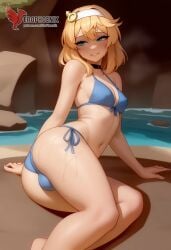 1boy 2d ai_generated ass bangs barefeet big_ass bikini blonde_hair bulge erection erection_under_clothes erophoenix feet full_body green_eyes looking_at_viewer looking_back male male_focus navel nude otoko_no_ko pale_skinned_male patreon_username penis sitting smile soles solo solo_male sweat swimsuit thick thick_thighs toes uncensored