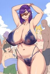 areolae arms_behind_head arms_up ass ass_visible_through_thighs beach big_breasts bikini blue_sky body_paint bodypaint breasts busty chae_(moe568882) completely_nude completely_nude_female curvaceous curvy curvy_female curvy_figure daytime false_clothes female_focus female_pubic_hair glasses horny horny_female huge_ass huge_breasts milf moe568882 mole mole_under_mouth multiple_boys multiple_girls navel nipples nude nude_female original original_character outdoors painted_clothes pubic_hair public public_exposure public_indecency public_nudity purple_hair pussy_juice solo solo_focus standing sunglasses sweat swimsuit thick_thighs thighhighs thighs tongue tongue_out