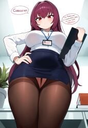ai_generated book clipboard cutout desk english_text expressionless female from_below hand_on_hip holding_clipboard id_card indoors lanyard large_breasts long_sleeves looking_at_viewer looking_down office office_lady panties pantyhose pencil_skirt potted_plant purple_hair red_eyes scathach_(fate) shirt_collar solo_focus speech_bubble stable_diffusion white_shirt