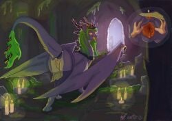 absurd_res ambiguous_gender anus arcticos ass candle cave cave_background clitoris close-up clothing crown disembodied_hand dragon duo female female/ambiguous feral fur furred_dragon furred_scalie genitals green_hair green_tail grey_body hair headgear hi_res horn human human_on_feral interspecies jewelry legwear mammal mythological_creature mythological_scalie mythology orange_pussy presenting presenting_hindquarters pussy scalie spread_vulva spreading tail taula urethra vulva wings wings_folded yellow_eyes zoophilia