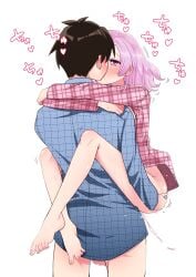 1boy absurdres aijou_rentarou barefoot blue_shirt blush bottomless brown_hair commentary couple female hair_down heart heart-shaped_pupils highres hug kimi_no_koto_ga_dai_dai_dai_dai_daisuki_na_100-nin_no_kanojo kissing leg_lock long_sleeves medium_hair momi_momiji petite pink_eyes pink_hair pink_shirt plaid_clothes plaid_shirt saliva sex shashadog18 shirt simple_background straight symbol-shaped_pupils testicles unmoving_pattern upright_straddle white_background