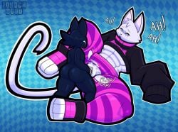 abs ambiguous_gender anthro anthro_penetrated chonzo feline feline_ears feline_humanoid feline_tail muscular oc oversized_sleeves pink_pants ripped_pants size_difference small_dom_big_sub surprised sweatshirt thick_thighs vaginal_penetration white_fur yuki_(zonoch_dood) zguy_101 zonoch_dood