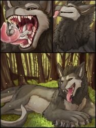 3:4 acidic ambiguous_gender animal_genitalia animal_penis anthro black_sclera bodily_fluids canid canine canine_genitalia canine_penis day dragon drooling duo erection fangs feral fur furred_dragon furred_scalie genitals grass grey_body grey_fur hi_res male mammal mythological_creature mythological_scalie mythology narrowed_eyes nude on_tongue open_mouth oral_vore orange_eyes outside penis plant red_penis saliva saliva_string scalie teeth tongue tongue_out tree vore white_body white_fur